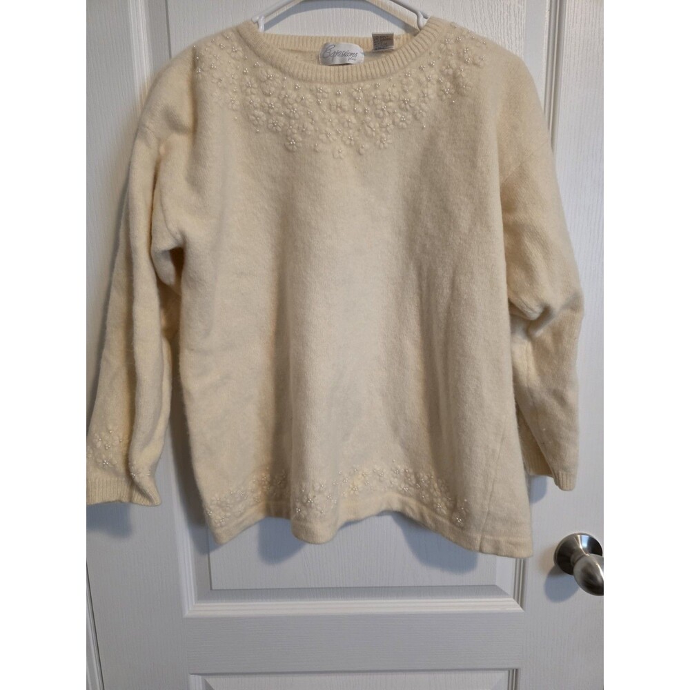 Vintage Expressions Cream sweater floral embroidery and pearl detail sz 2X